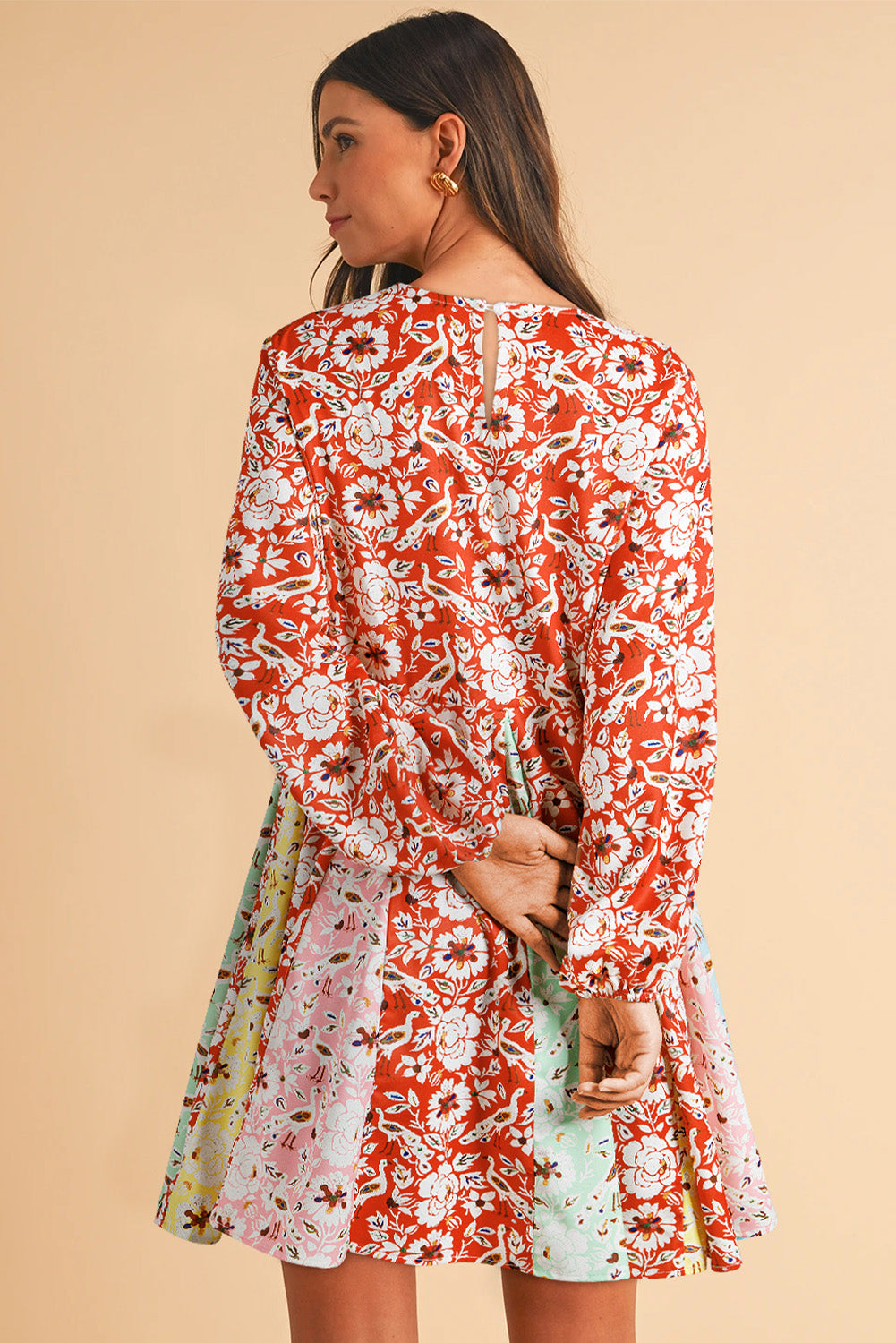 Rood kleurrijke bloemen patchwork lange mouw geplooide mini -jurk