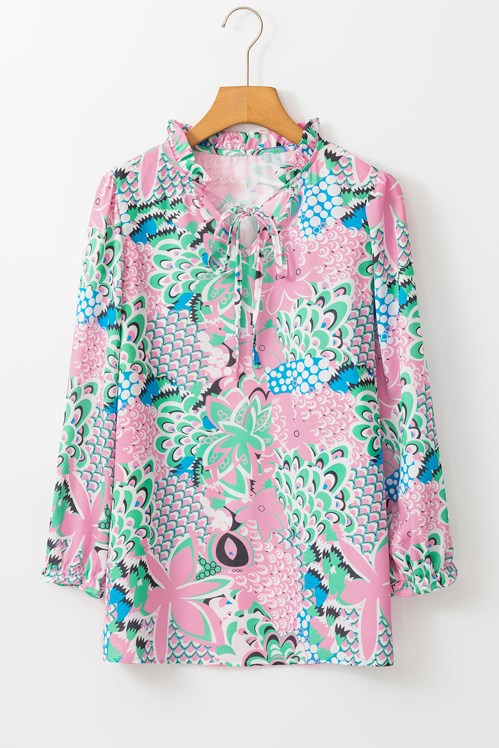 Groene bloemenprint v Nek vastgebonden losse blouse