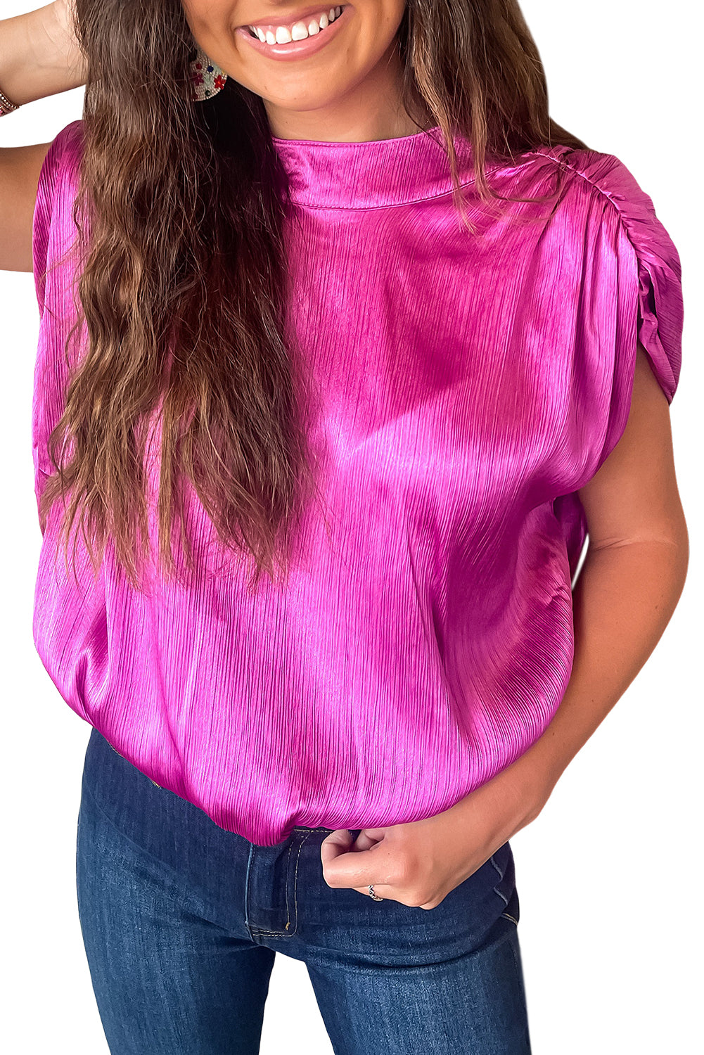 Felroze blouse met ruches, geknoopte rug en mouwen