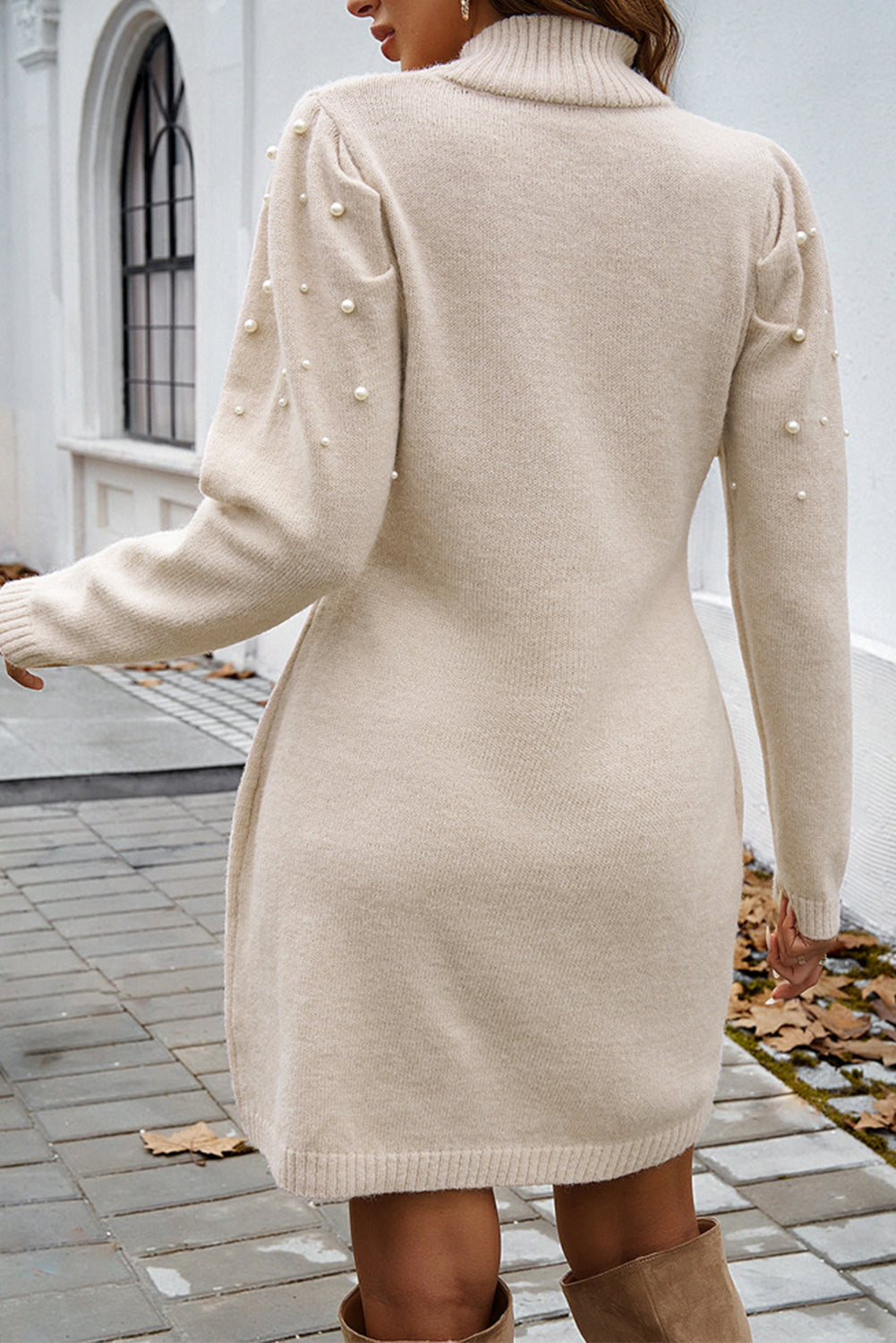 Perkament Pearl kralen high necy bodycon trui jurk