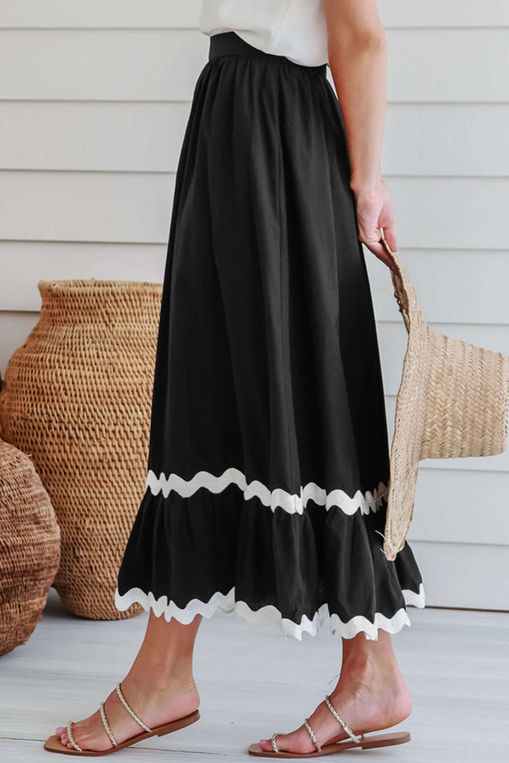 Zwarte Ricrac Trim Colorblock lange rok met hoge taille