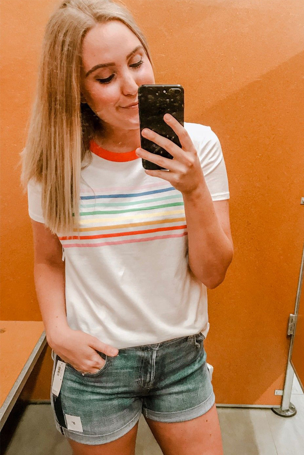 Witte regenboogstreep print contrast crewneck t -shirt