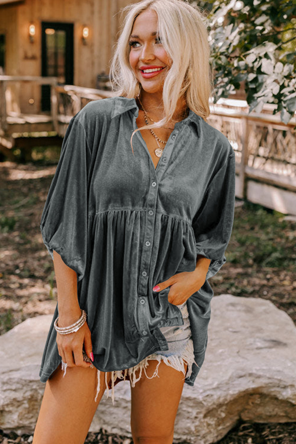 Donkergrijs tuniek-babydoll fluwelen shirt met 3/4 mouwen