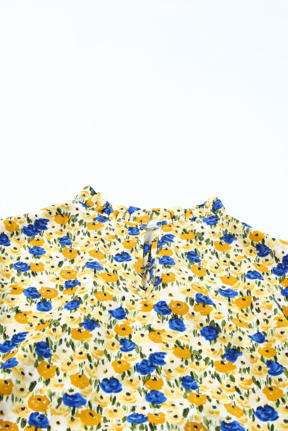 Gele Boho bloemen ruches korte mouw franje mock hals blouse