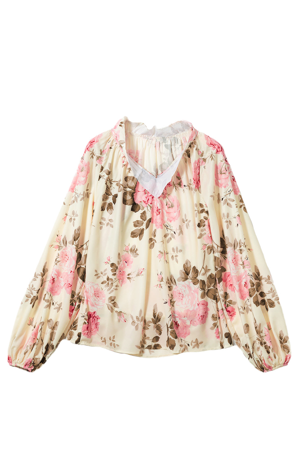 Beige blouse met V-hals met bloemenprint en lantaarnmouwen