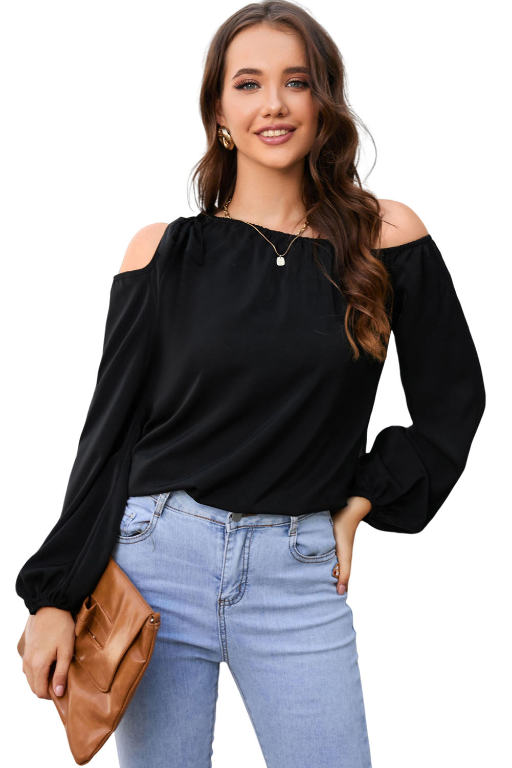 Zwart geknoopte asymmetrische off-shoulder blouse