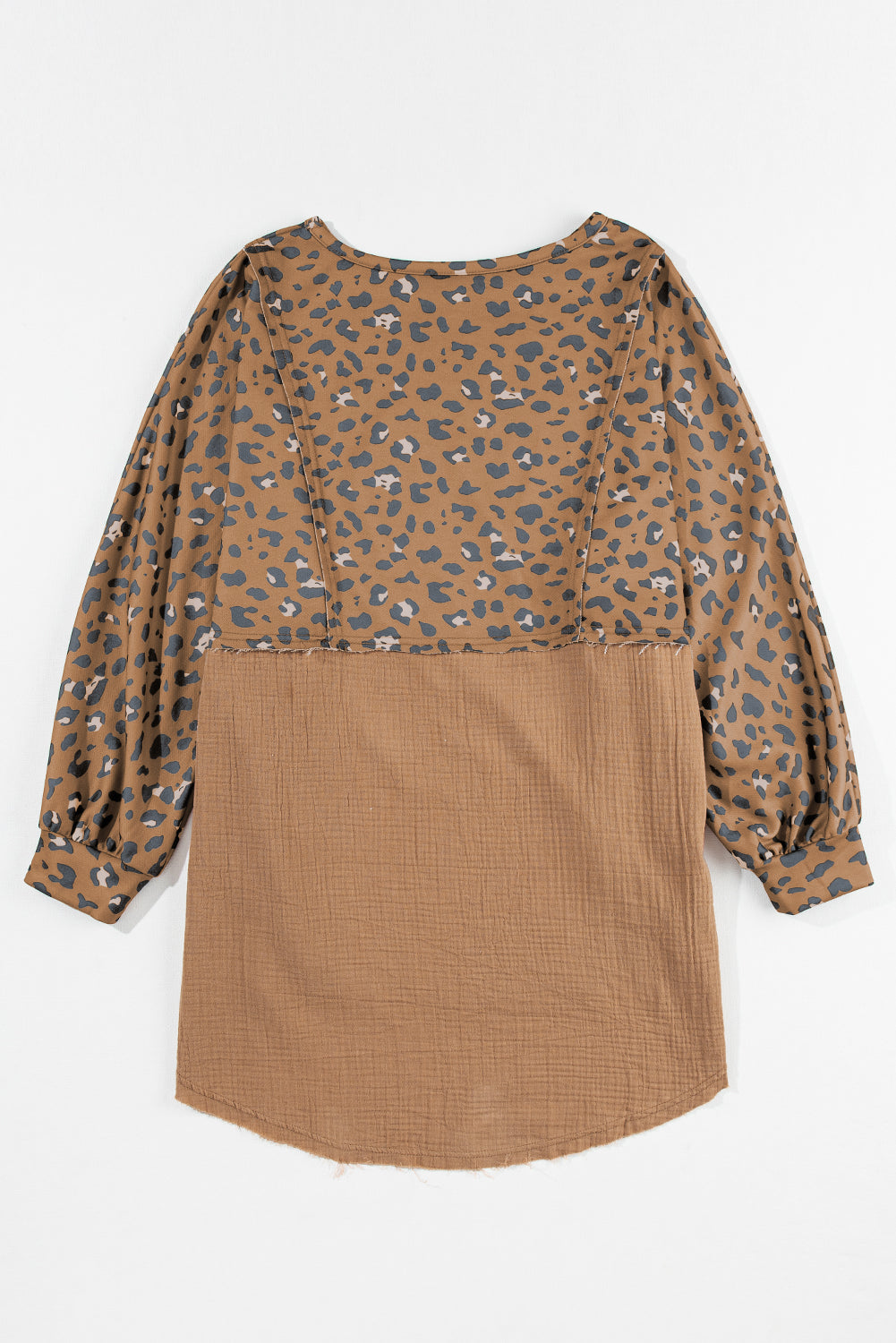 Bruin bedrukte ruwe rand luipaard patchwork oversized blouse