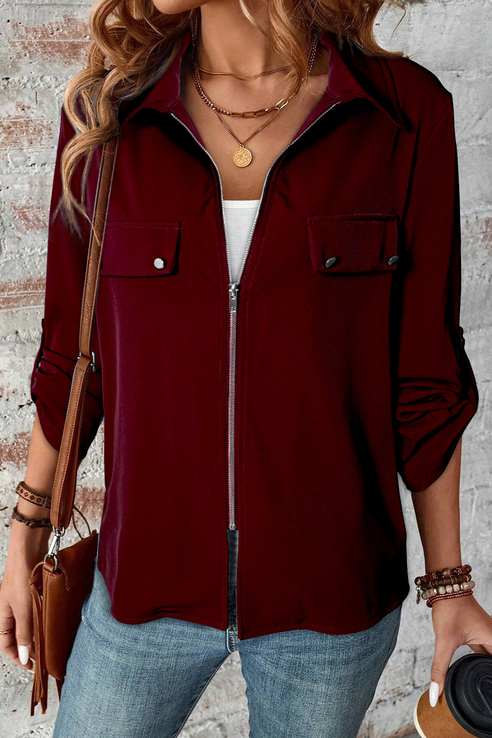 Red Dahlia kraag tabblad Mouw Zip omhoog Flap detailjack