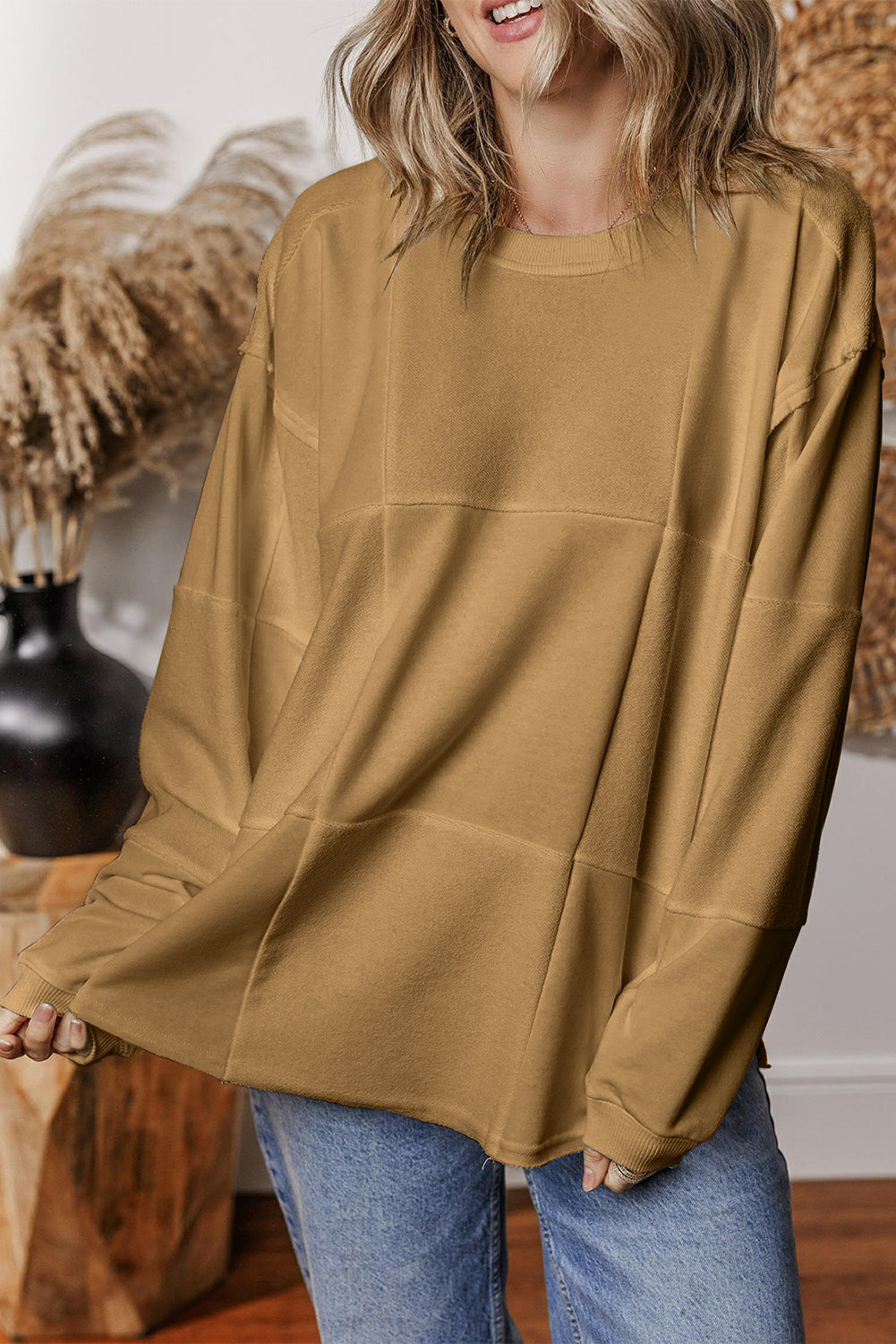 Licht Frans beige effen kleur patchwork drop schouder baggy sweatshirt