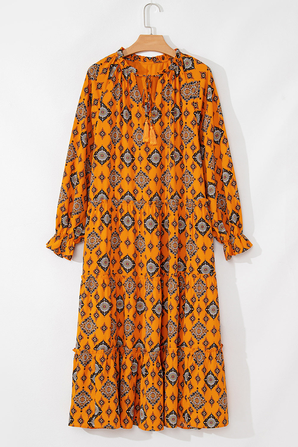 Oranje westerse geometrische print gelaagde frisdress los fit midi -jurk