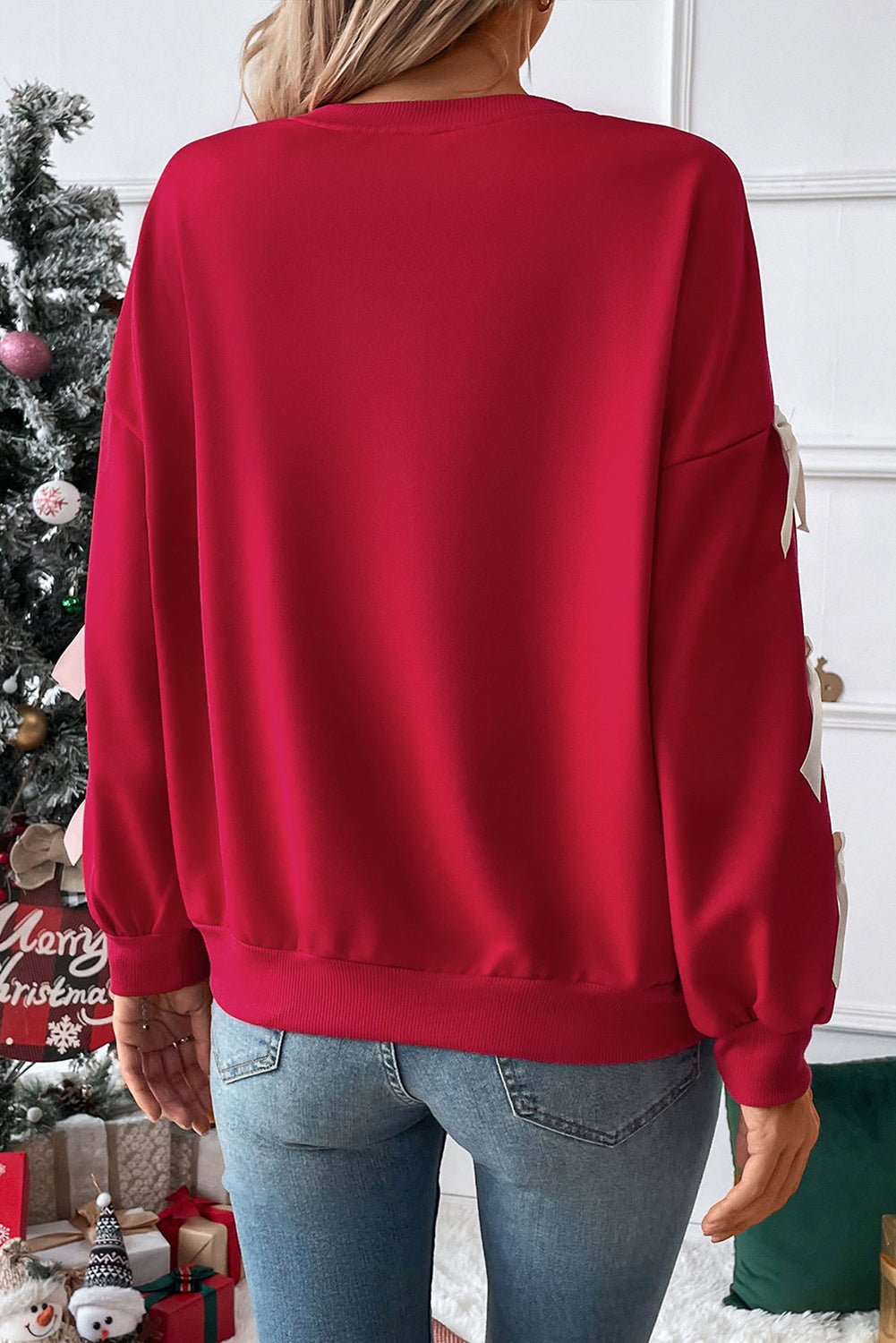 Fiery rood contrast boogdecor laten vallen mouw Crewneck sweatshirt