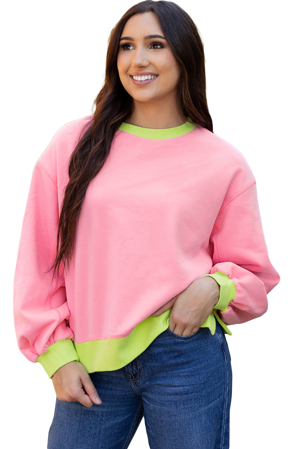 Roze sweatshirt met colorblock-bubbelmouwen