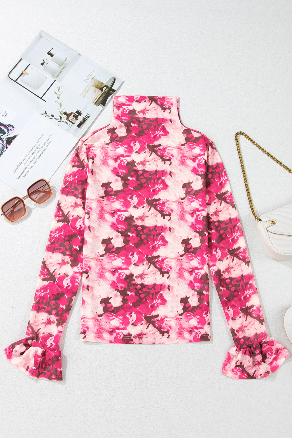 Rozen bloemen mesh founce mouw mock nek blouse