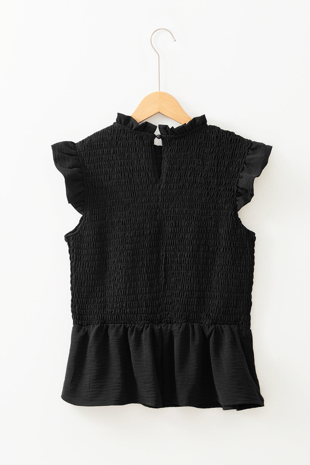 Zwarte ruche korte mouw shirred peplum top
