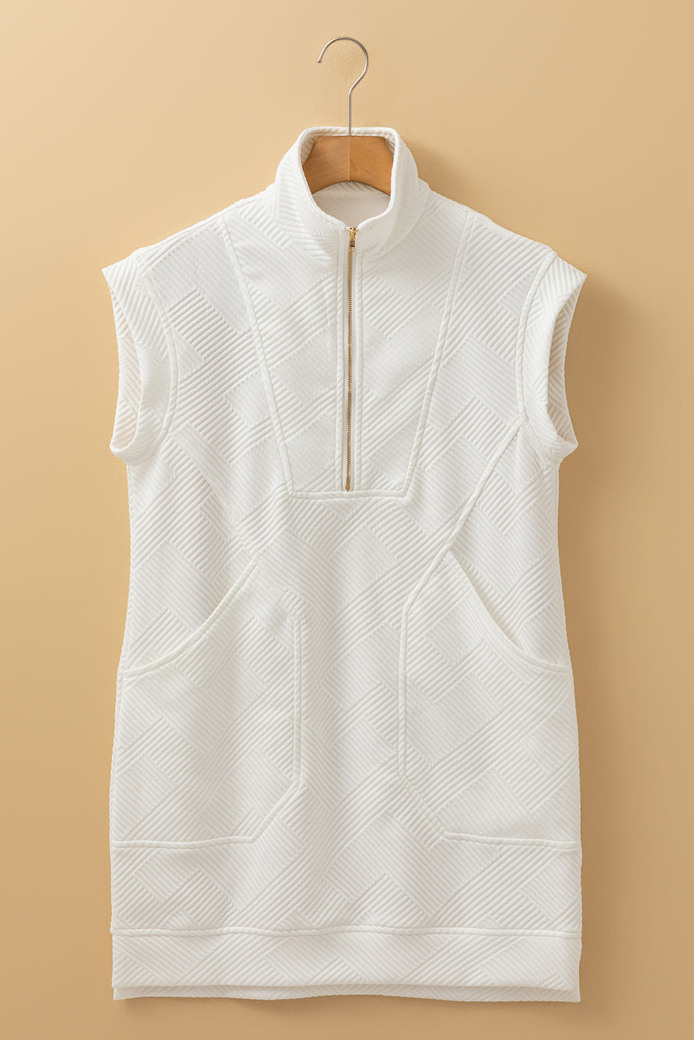 Witte textureerde halve zip collared cap mouw mini jurk