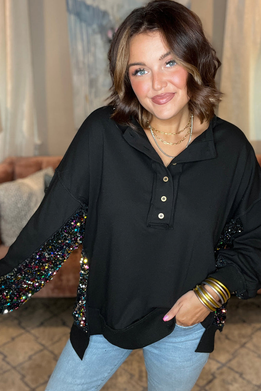 Lilac Sequin Patchwork High Low Hem Henley Sweatshirt