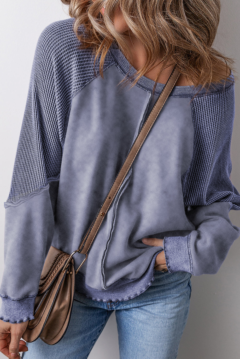 Zeil blauw massief wafel gebreide patchwork raglan mouw sweatshirt