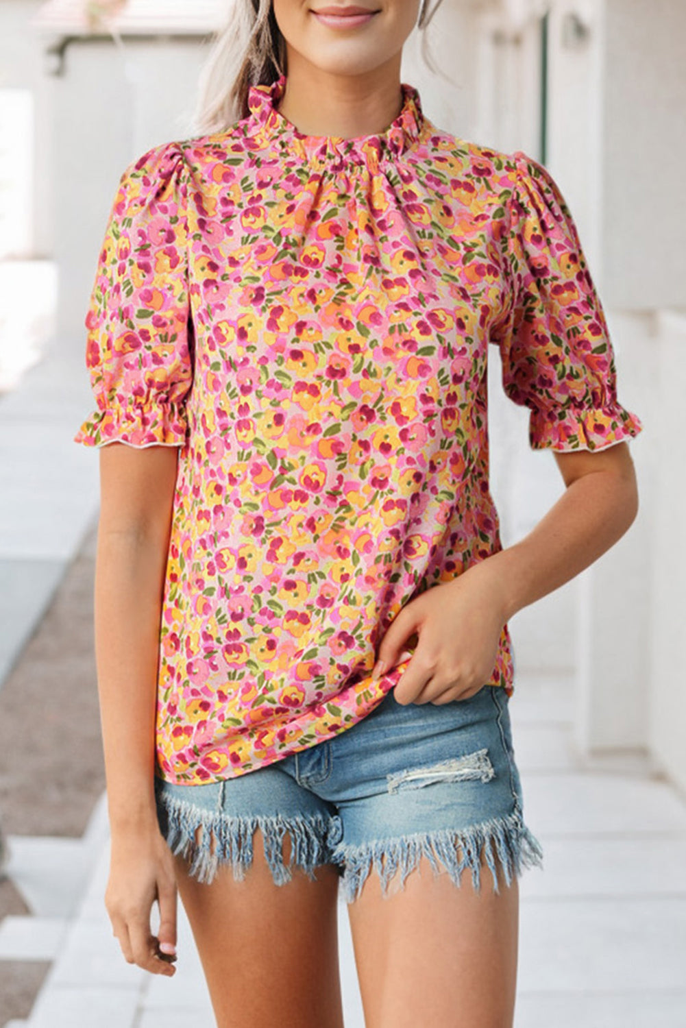 Oranje Boho bloemen ruches korte mouw franje mock hals blouse