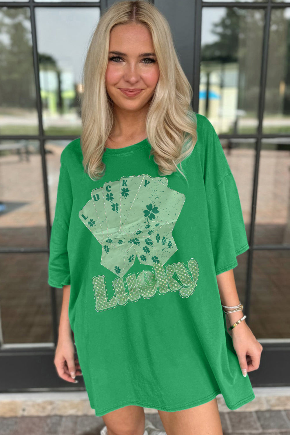 Bright Green Rhinestone Lucky Poker Cards extra grote T -shirt mini -jurk