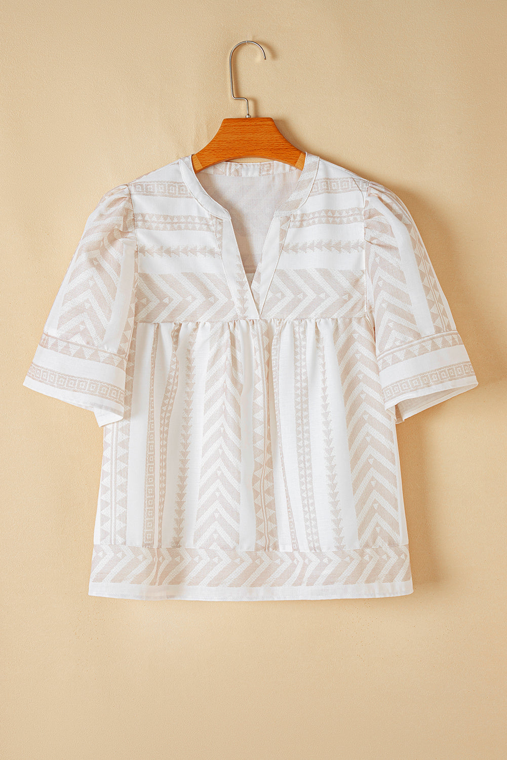 Jet Stream Geometric Jacquard Split V Nek Korte mouw Blouse