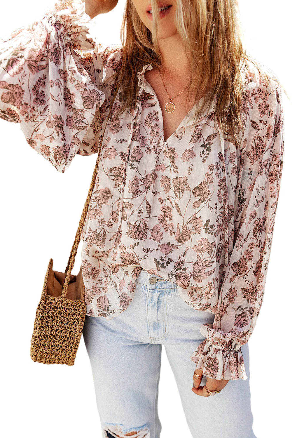 Boho bloemenprint blouse met split-V-hals en bubbelmouwen