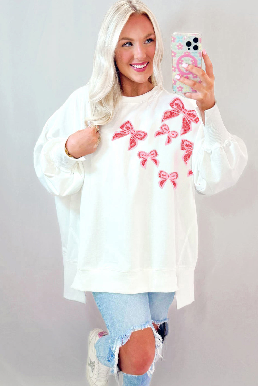 Wit pailletten Bowknot High Low Oversize Sweatshirt