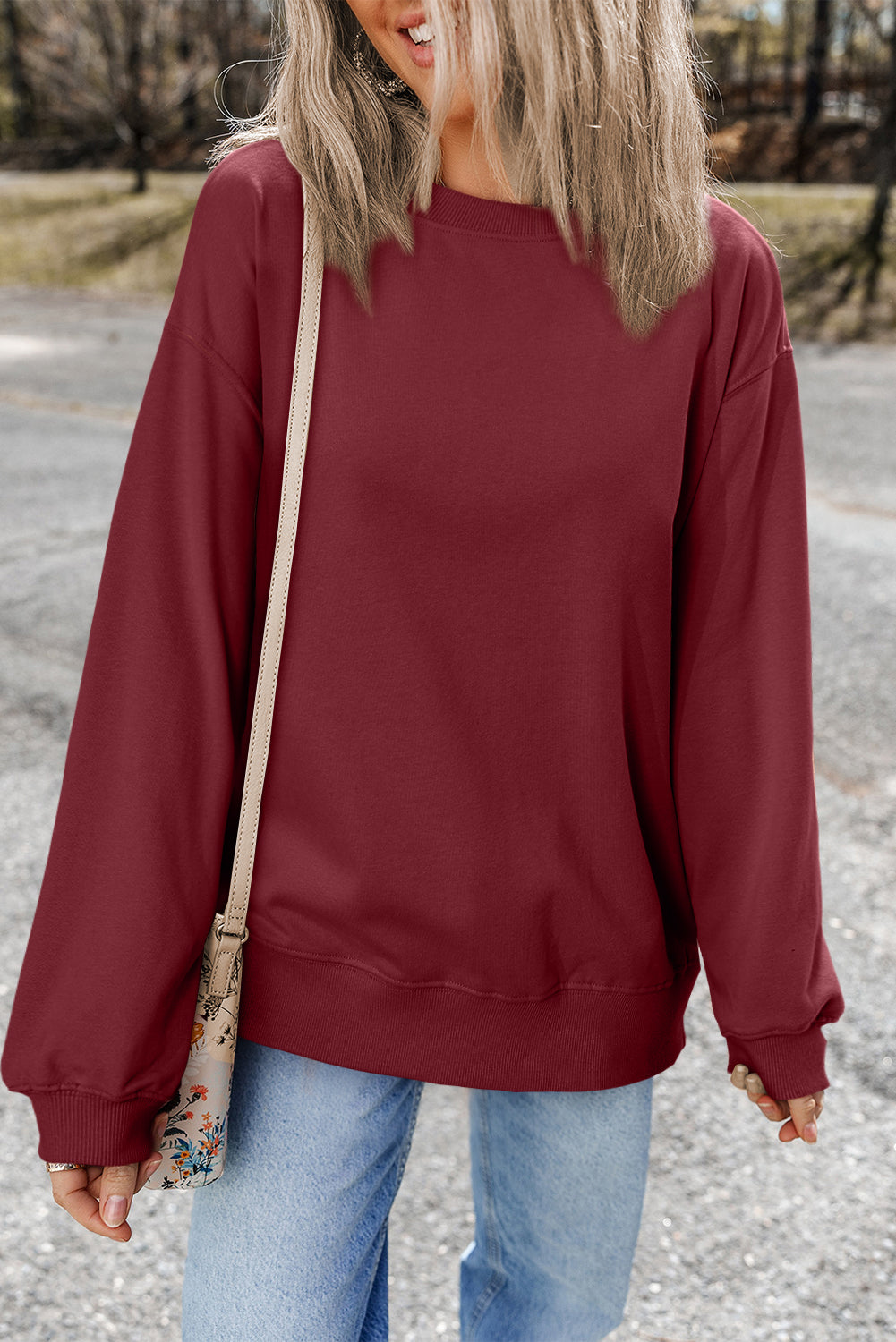 Navy Blue Plain Drop Shoulder Crewneck Pullover Sweatshirt