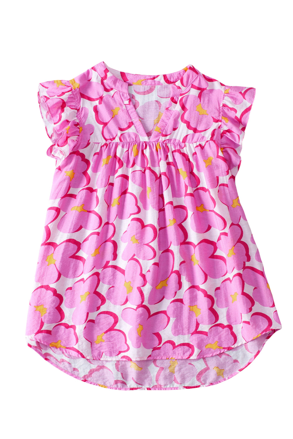 Babydoll-blouse met roze bloemen en ruches aan de mouwen
