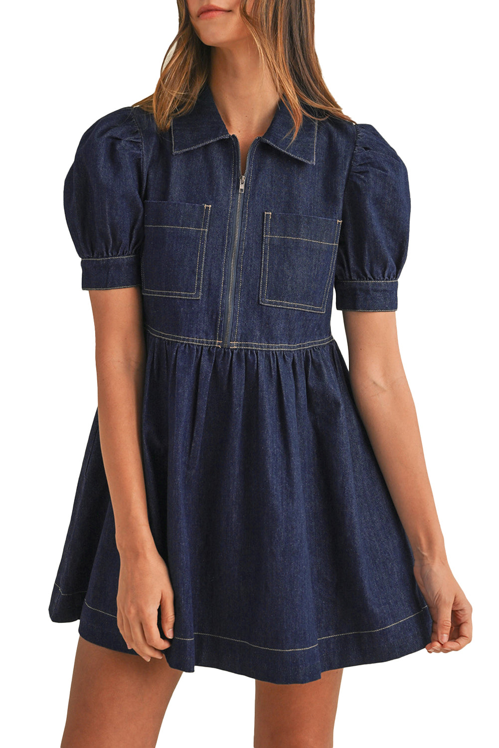 Vuil blauw ritssluiting met collared collared short puff mouw denimjurk