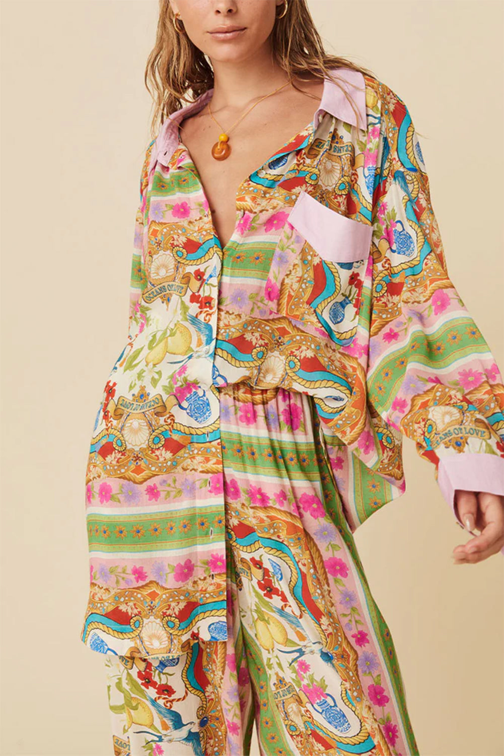 Multicolour boho bloemenprint geknoopte shirtjurk met lange mouwen