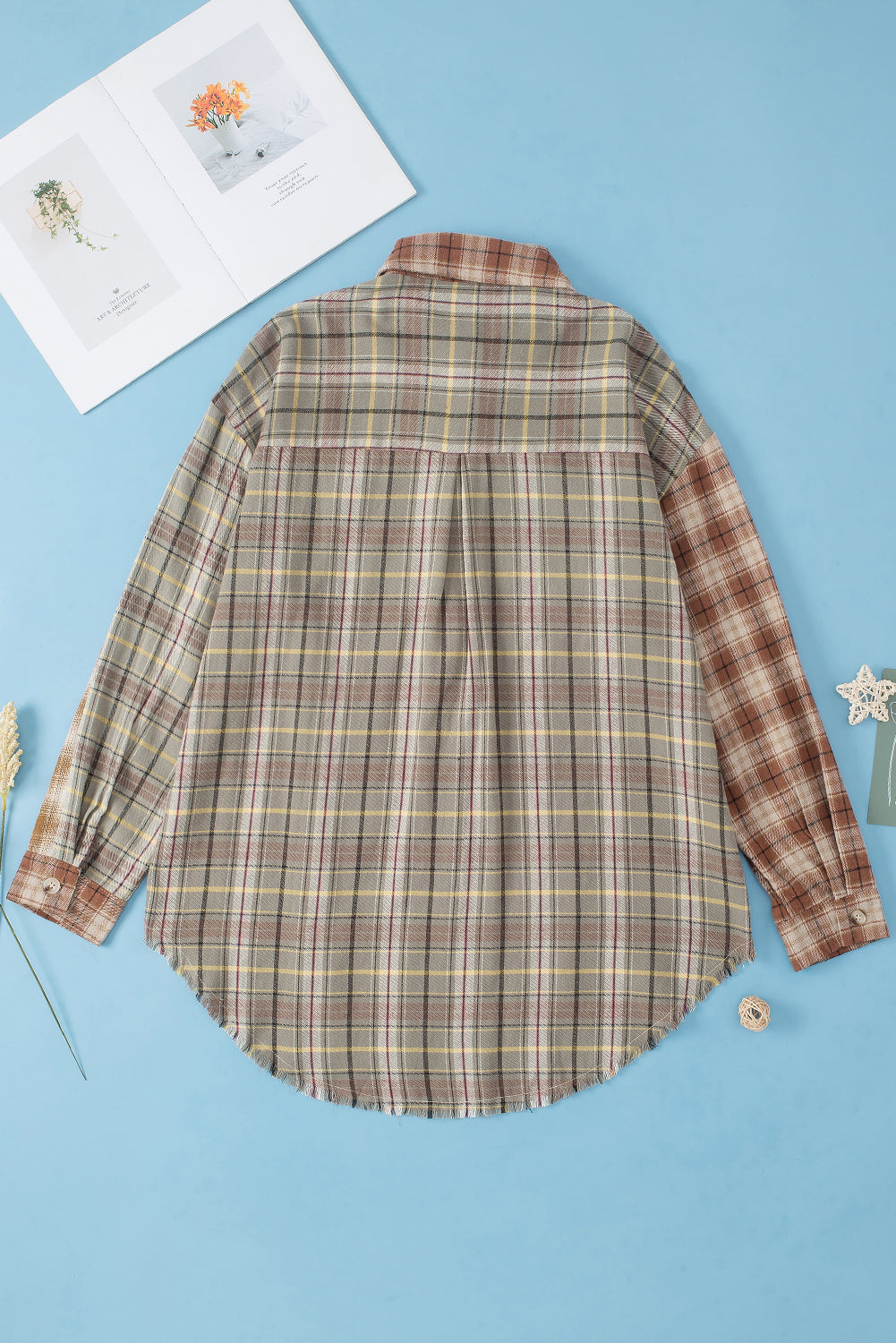 Bruin multi-geruit casual overhemd met ruwe rand en patchwork