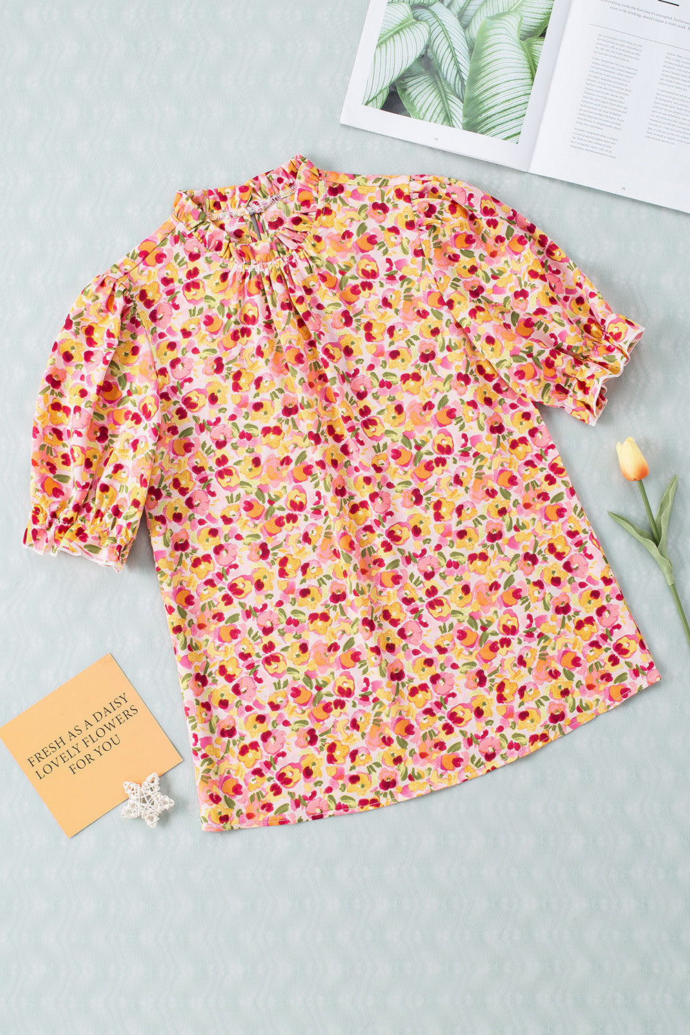 Oranje Boho bloemen ruches korte mouw franje mock hals blouse