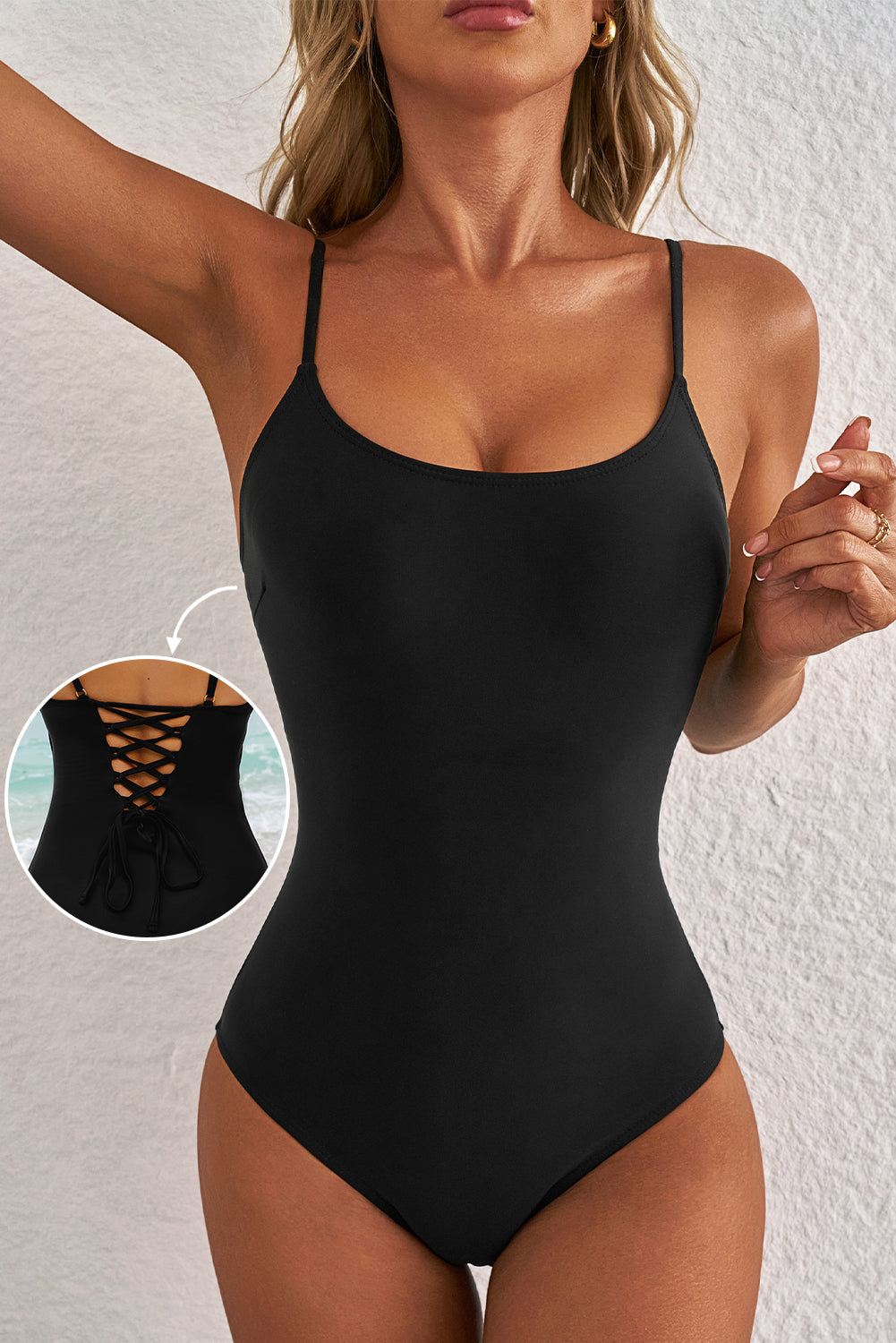 Zwart dunne riem strappy veter-up open terug één stuk zwempak