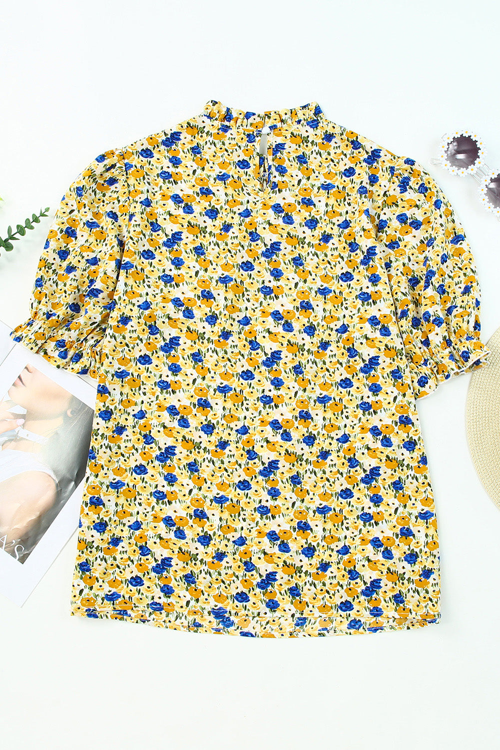 Gele Boho bloemen ruches korte mouw franje mock hals blouse