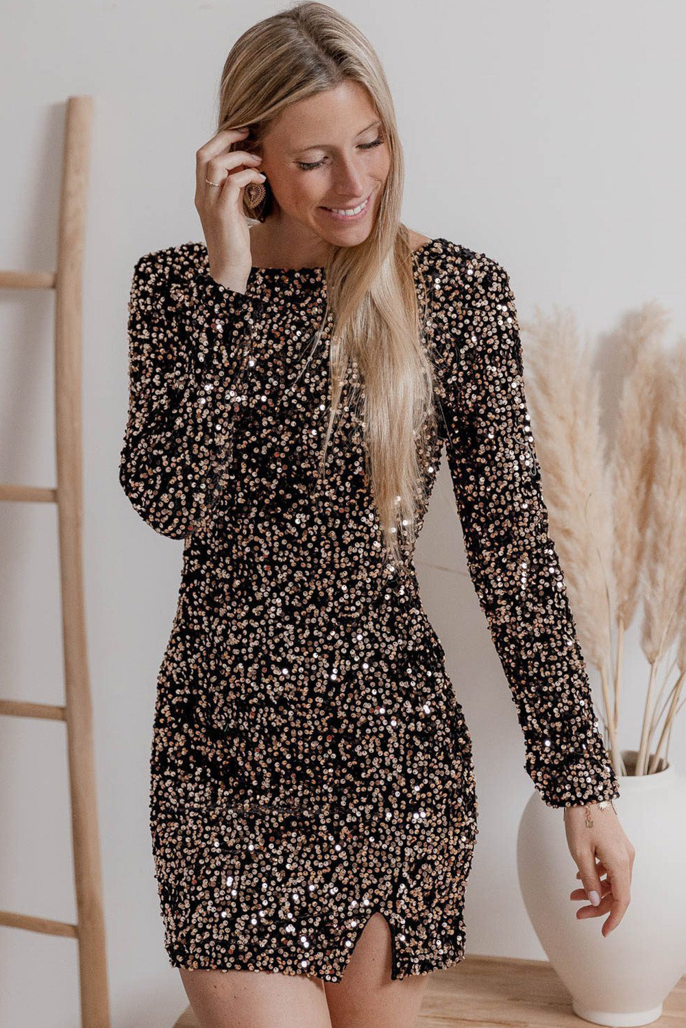 Kastanje pailletten bemanning nek nek bodycon jurk met lange mouwen
