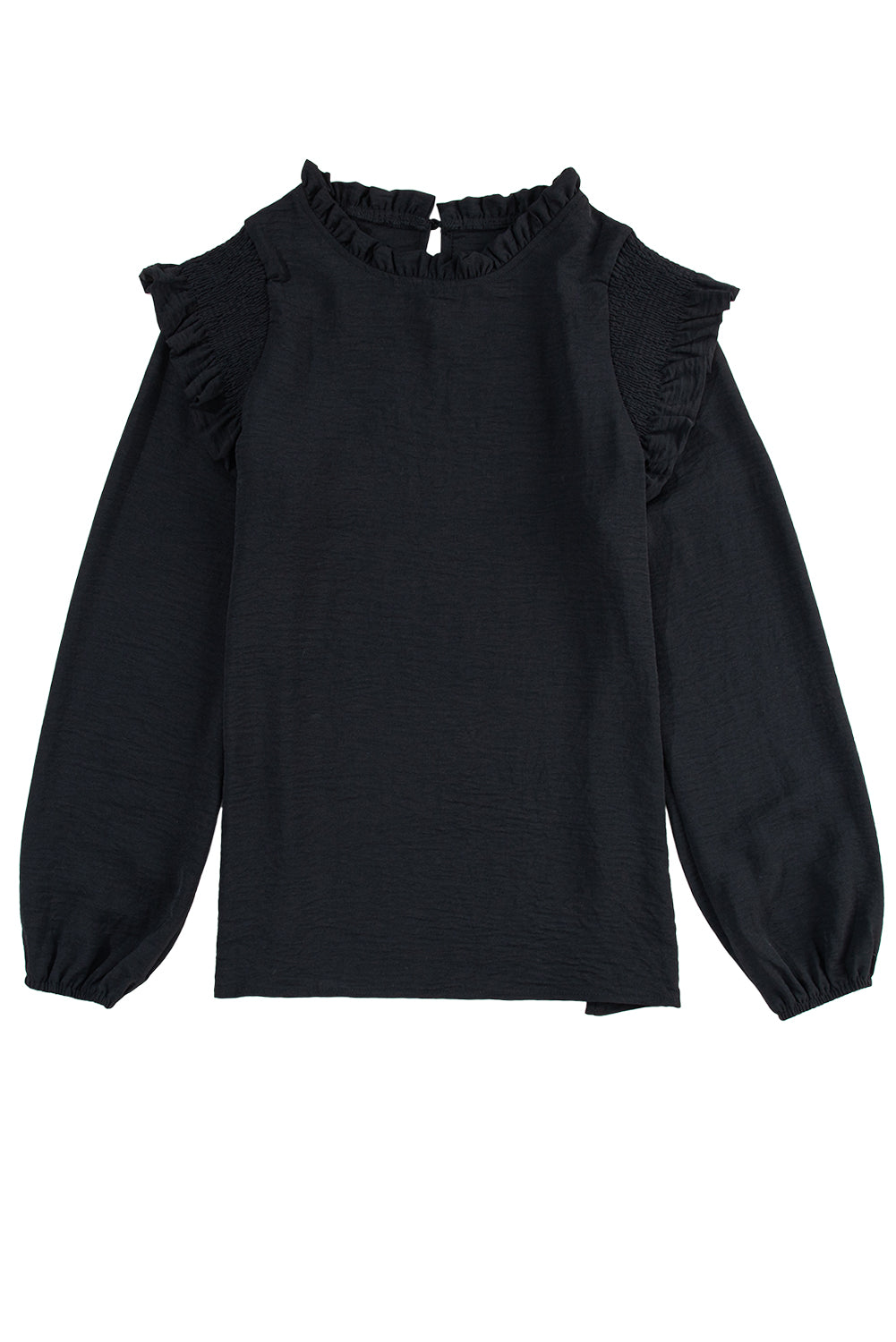 Zwarte blouse met ruches en ruches en bubbelmouwen
