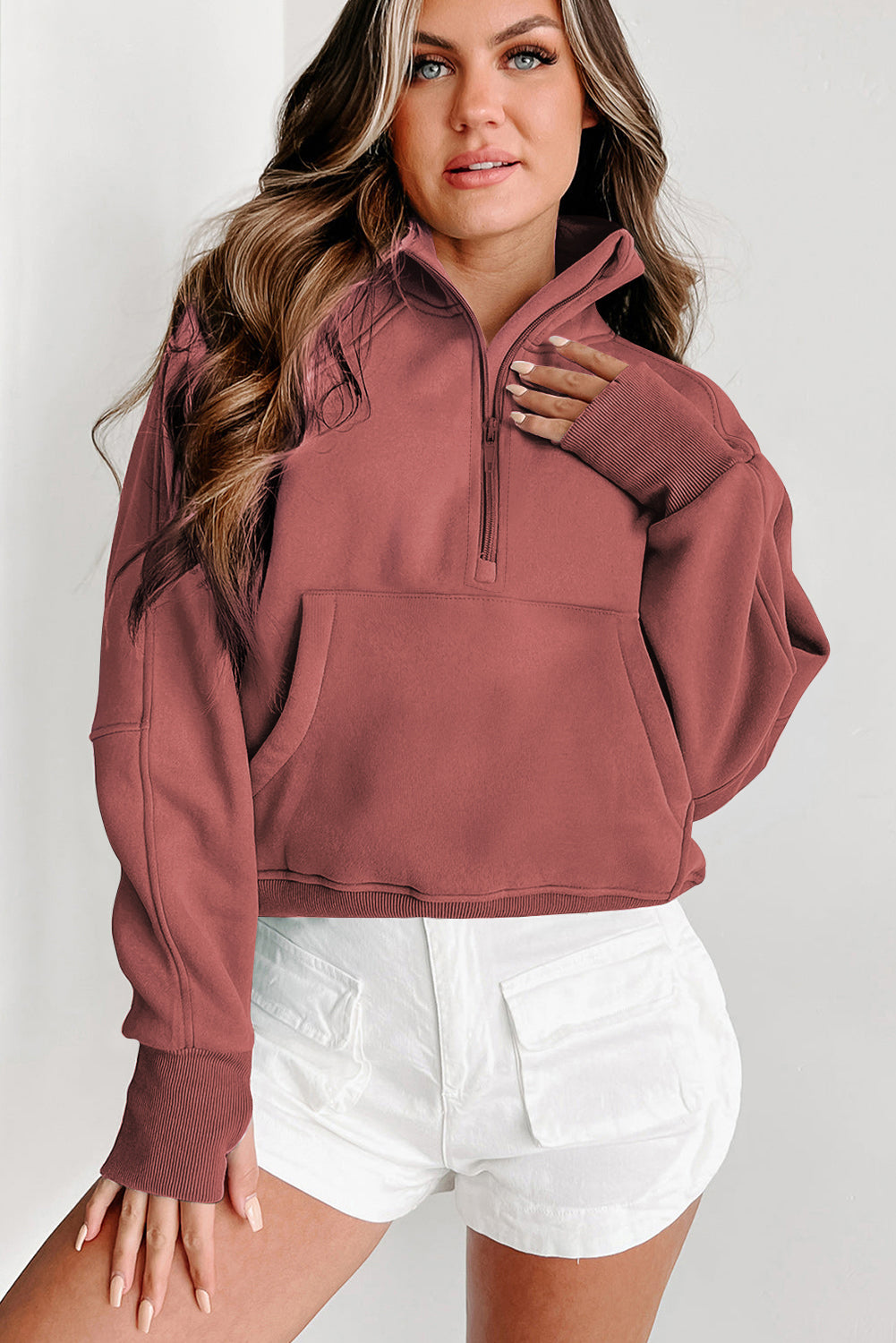 Smoke Green Fleece Lined Zip Up Stand Collar Thumbhole Sleeve Sweatshirt