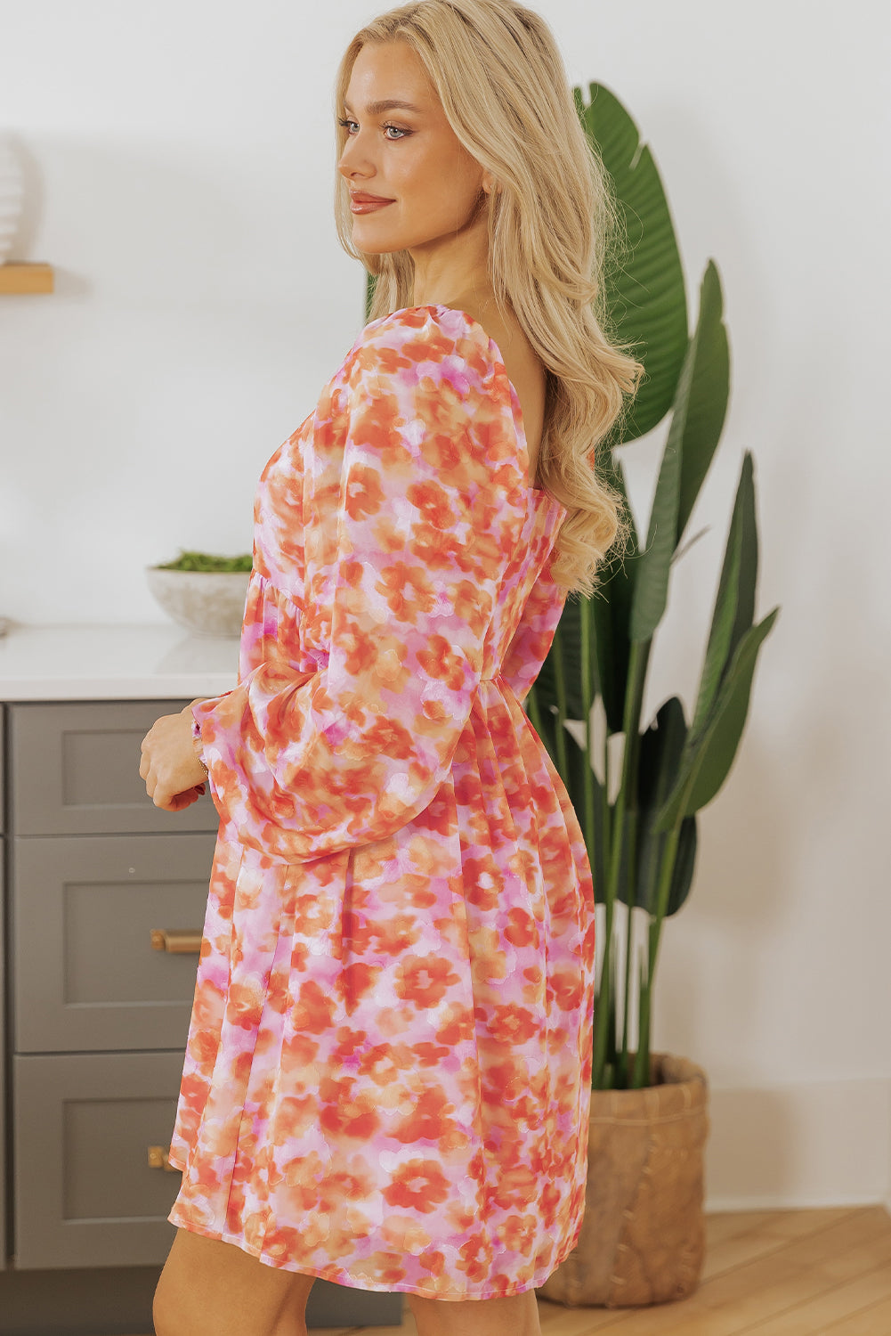 Rose Floral Print Square Neck High Taille Mini Dress