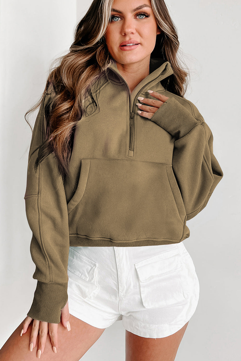 Smoke Green Fleece Lined Zip Up Stand Collar Thumbhole Sleeve Sweatshirt