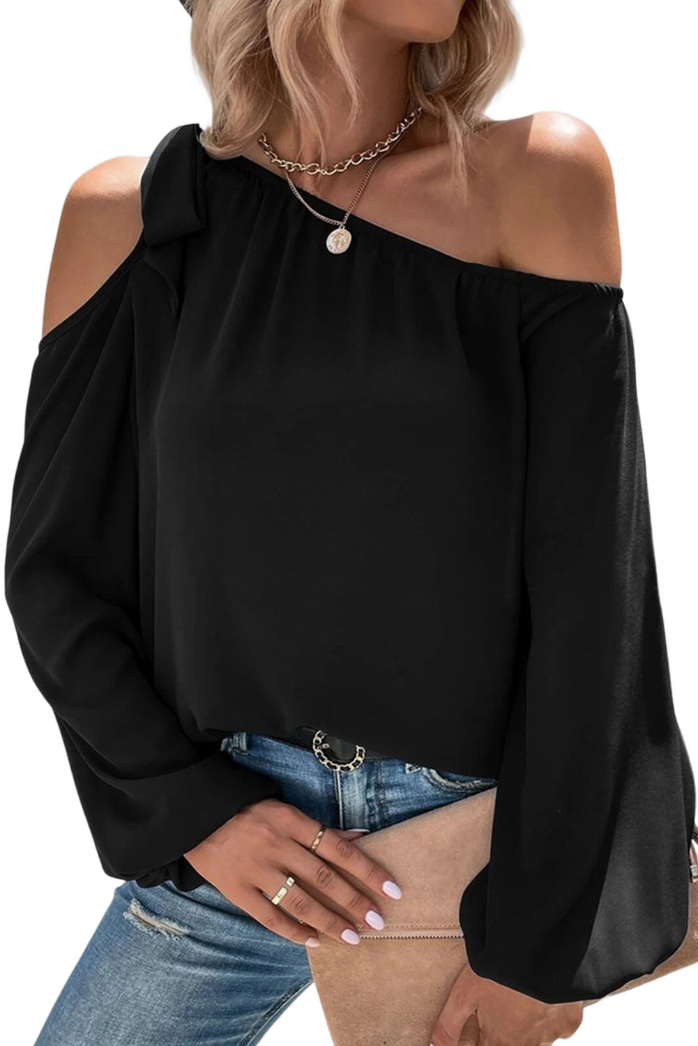 Zwart geknoopte asymmetrische off-shoulder blouse