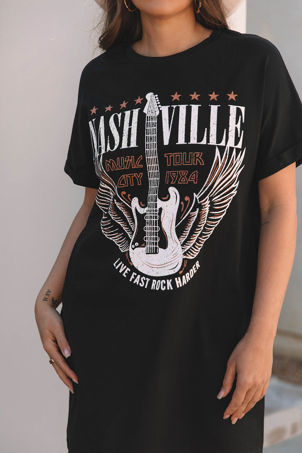 Black Nashville Guitar Print Crew Neck T -shirt mini -jurk