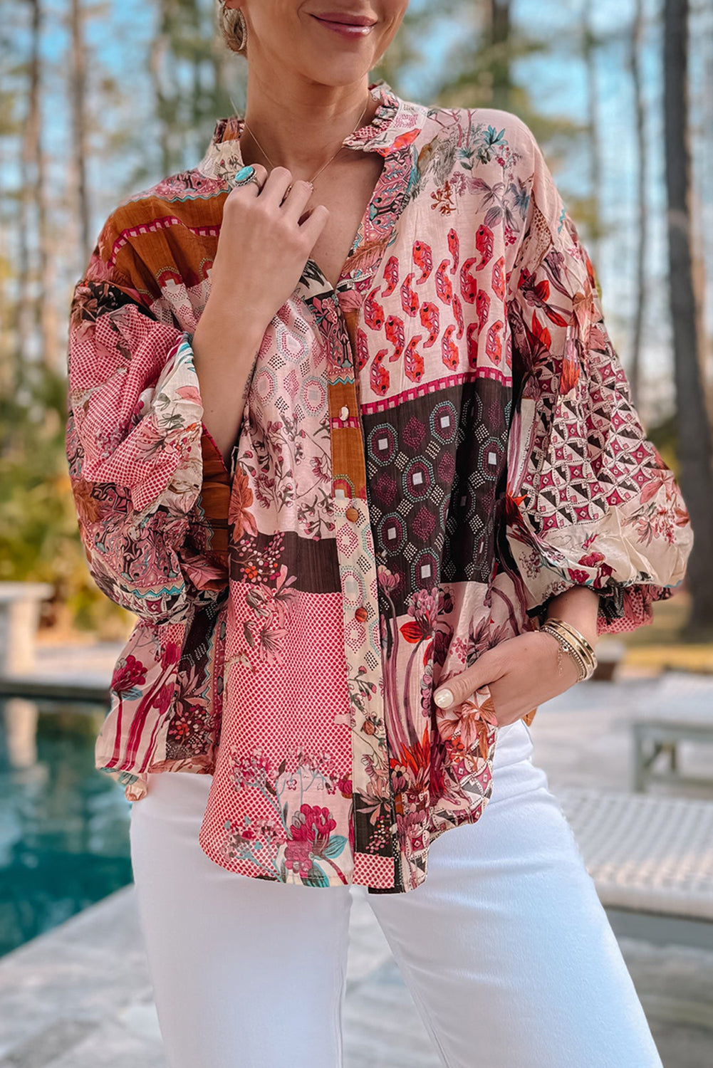 Rood Boho Geometrische gemengde print Patchwork Bubble Sleeve Shirt