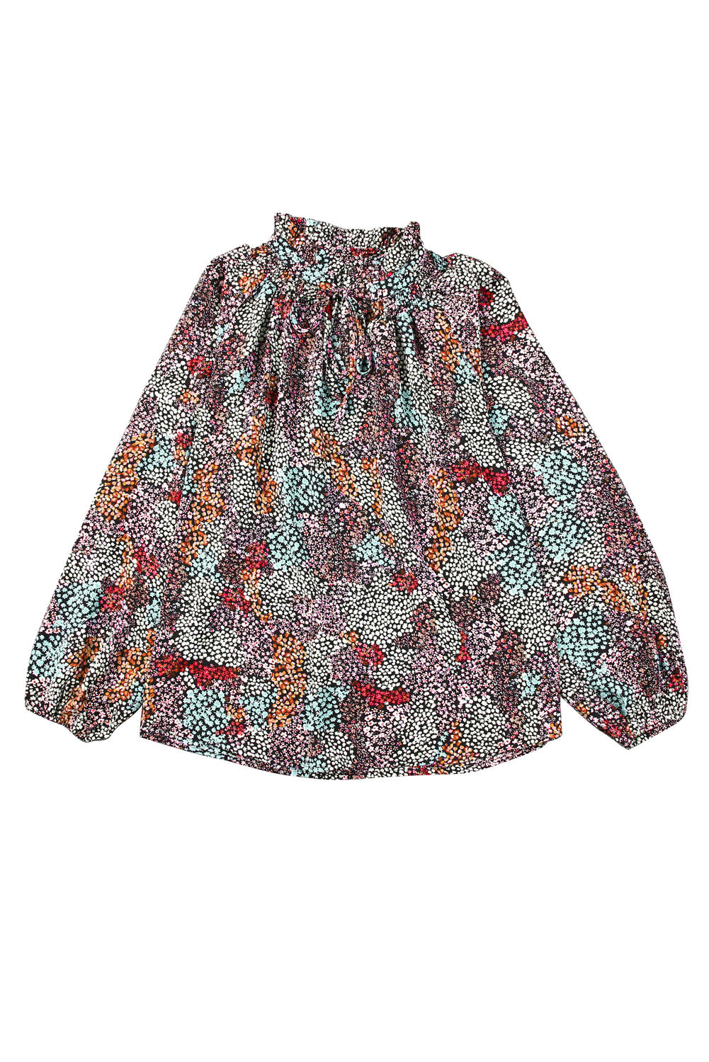 Veelkleurige, levendige, gebloemde blouse met V-hals en pofmouwen