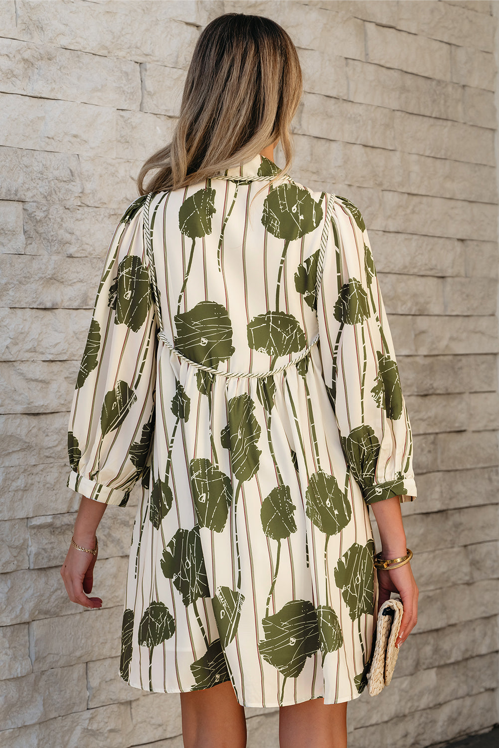 Guacamole groene bloemen gestreepte print contrast giping puff mouw jurk
