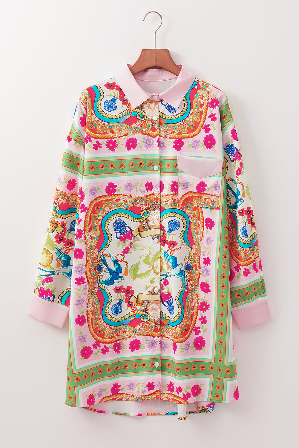 Multicolour boho bloemenprint geknoopte shirtjurk met lange mouwen