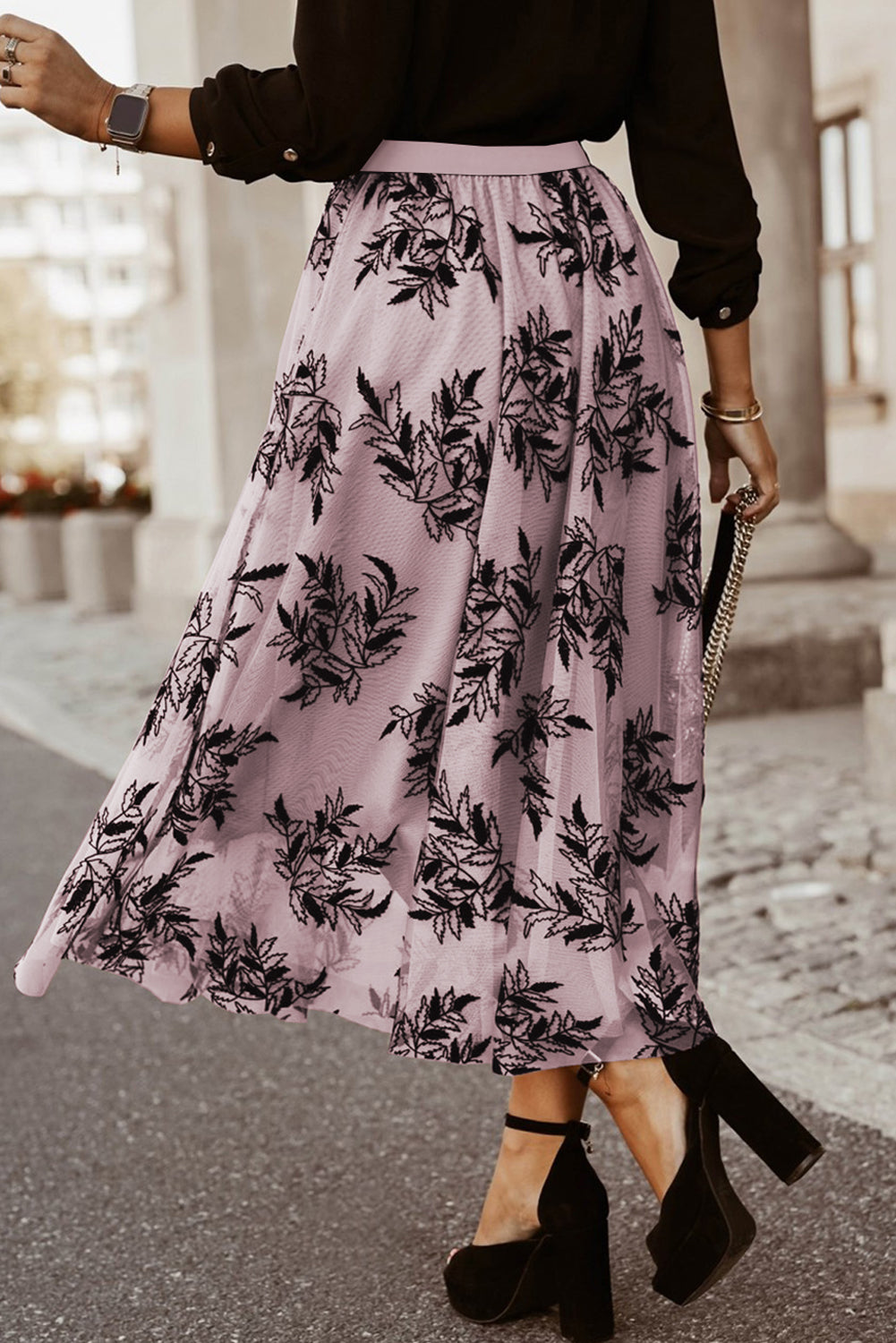Perzik bloesem bloemenbladeren geborduurd hoge taille maxi rok
