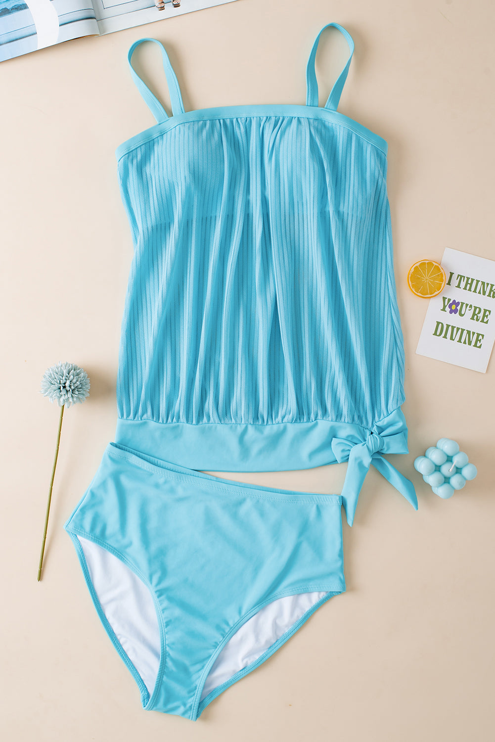 Turkoois gestreept tankini-badpak met geknoopte zoom
