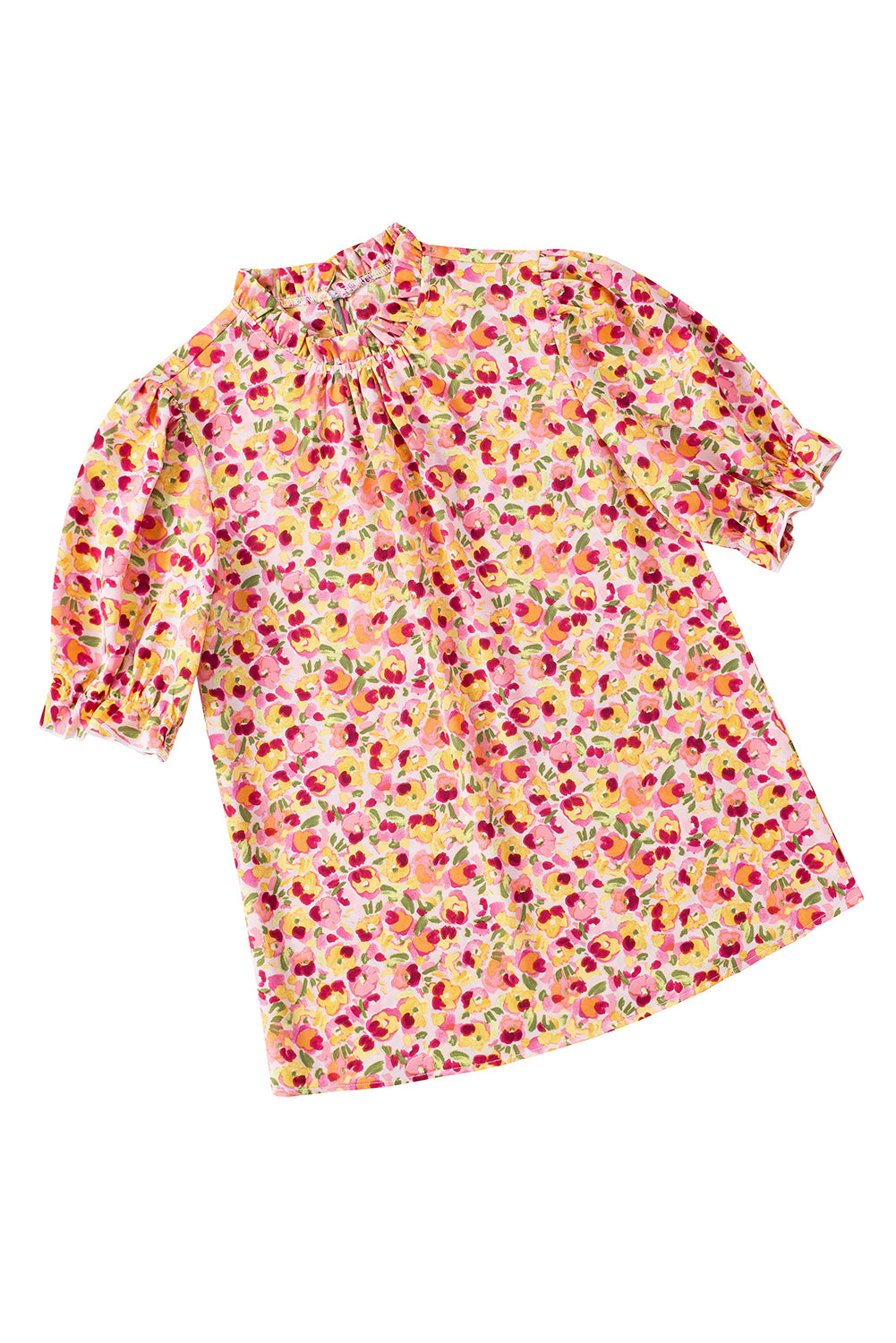 Oranje Boho bloemen ruches korte mouw franje mock hals blouse