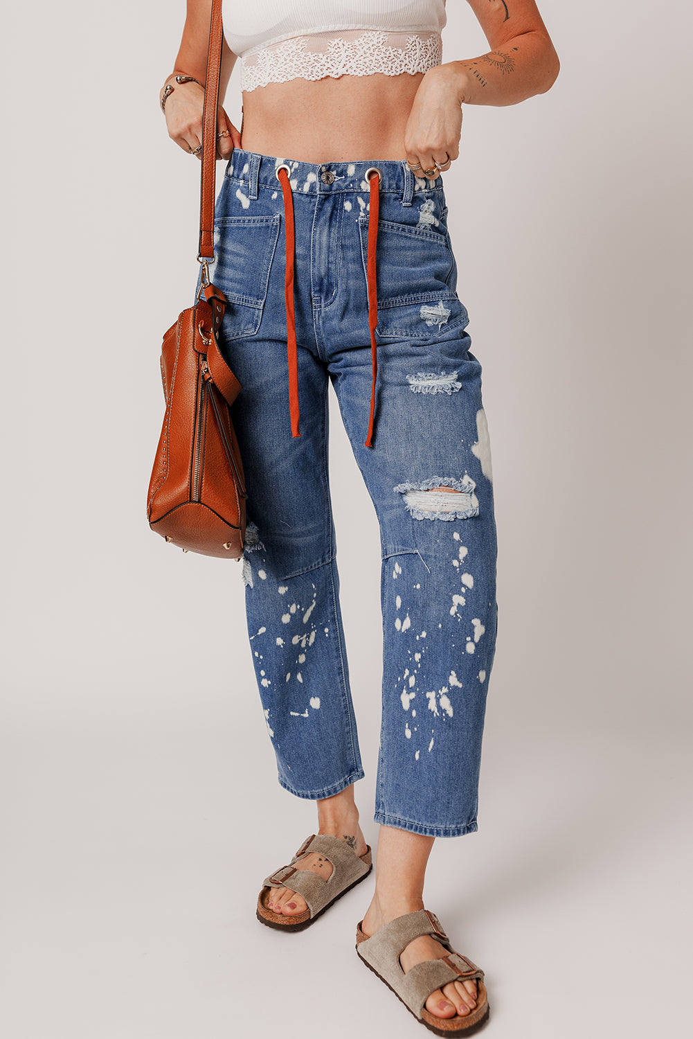 Ashleigh Blue gescheurde spattende verftouwtaille taille bijgesneden rechte jeans