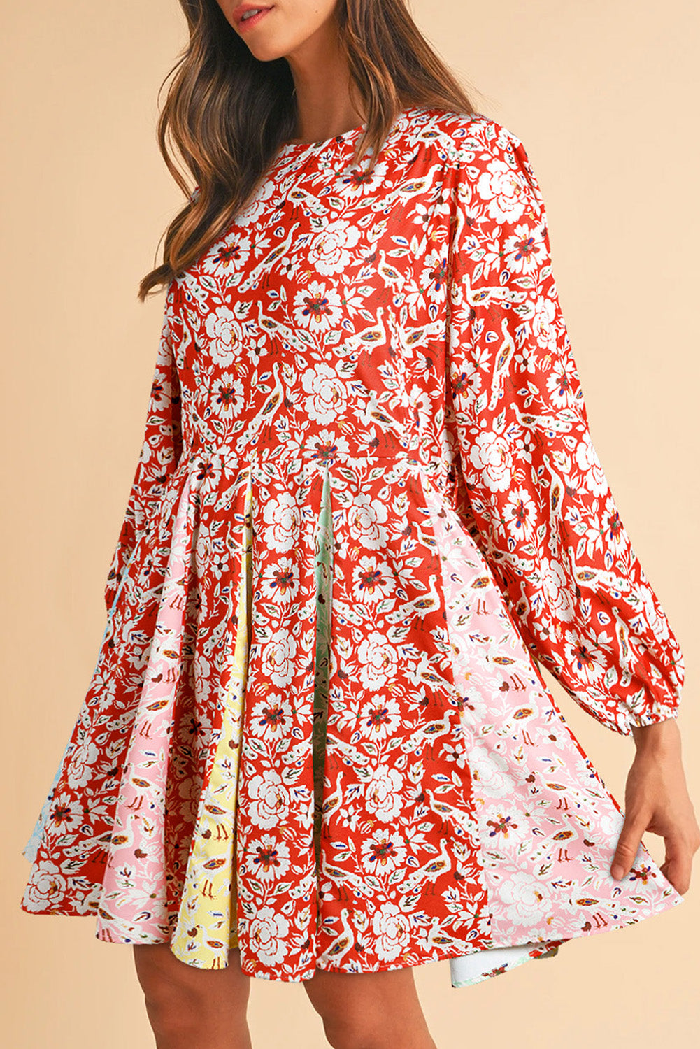 Rood kleurrijke bloemen patchwork lange mouw geplooide mini -jurk